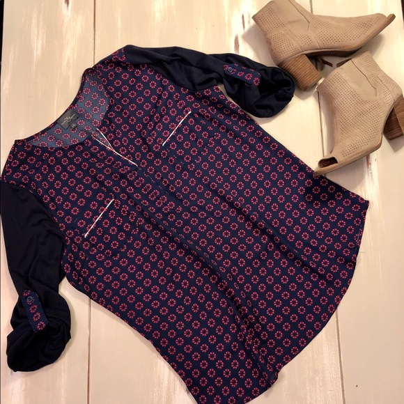 Market & Spruce Tops - EUC Navy Purple Print Henley Tunic Top Blouse